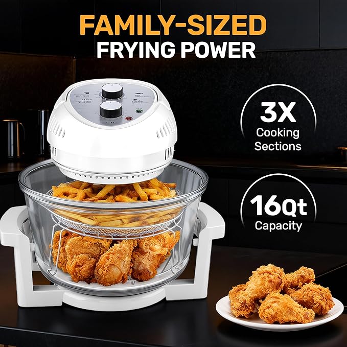 Granitestone 16Qt Large Glass Air Fryer Non Toxic – Family Sized Airfyrer Cooker with 3 Cooking Sections, Stainless Steel Racks, for French Fries, Chicken, No Preheat, Self Cleaning, Dishwasher Safe