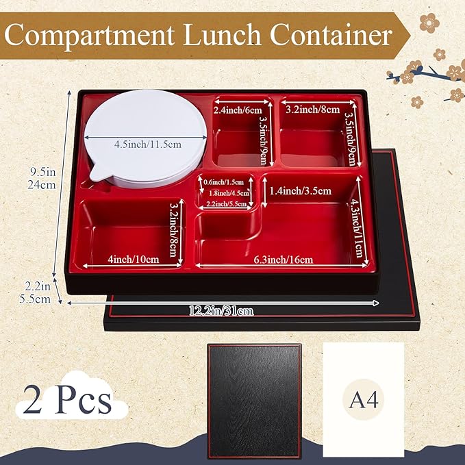 Teenyyou 2 Pcs 12 x 9.5 x 2.2 Inch Japanese Bento Box 6 Compartments and Bowl Divided Lunch Box with Greaseproof Adult Japanese Bento Lunch Container Sushi Home Restaurant