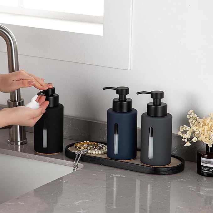 Enra Thick Glass Foaming Soap Dispenser with Clear Window,12oz Black Bathroom Soap Dispenser with Stainless Steel Pump, Modern Boho Refillable Pump Bottle for Bathroom Kitchen (Foam-Black)