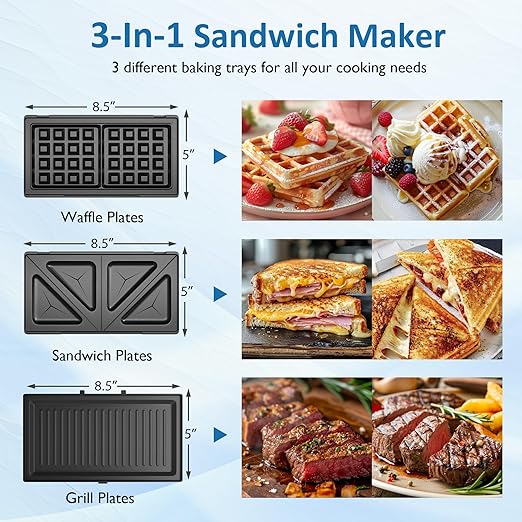 Sandwich Maker Panini Press Grill, 3 in 1 Electric Waffle Maker with Removable Non-stick Plates, Glass Top, Cool Touch Handle & Easy to Clean, 800W