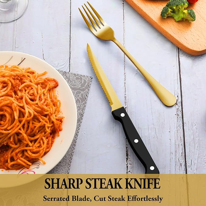 24 Pcs Gold Silverware Set with Steak Knives, Stainless Steel Flatware Cutlery Set Service for 4, Kitchen Tableware Set, Utensil Set for Home and Restaurant, Knives Forks Spoon Set, Dishwasher Safe