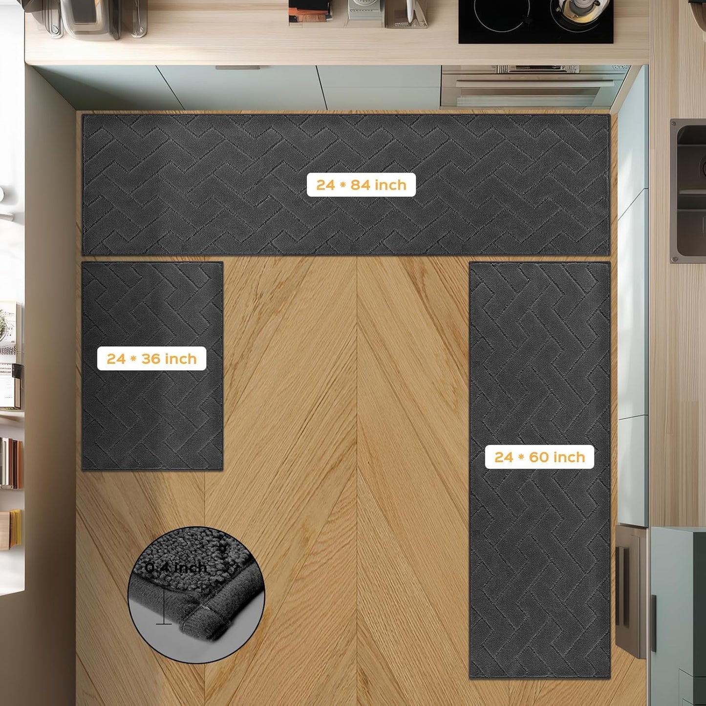 Machine Washable Kitchen Rugs 24" x 70", Non-Slip Kitchen Runner Rugs Mats for Floor, Absorbent Comfort Standing Mats for Kitchen, Sink, Laundry and Hallway, Rolled Packaging, Charcoal