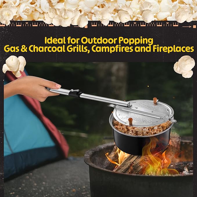 Campfire Popcorn Popper - Old Fashioned Popcorn Maker with Telescoping Handle - Camping Gear by Great Northern Popcorn (Black)