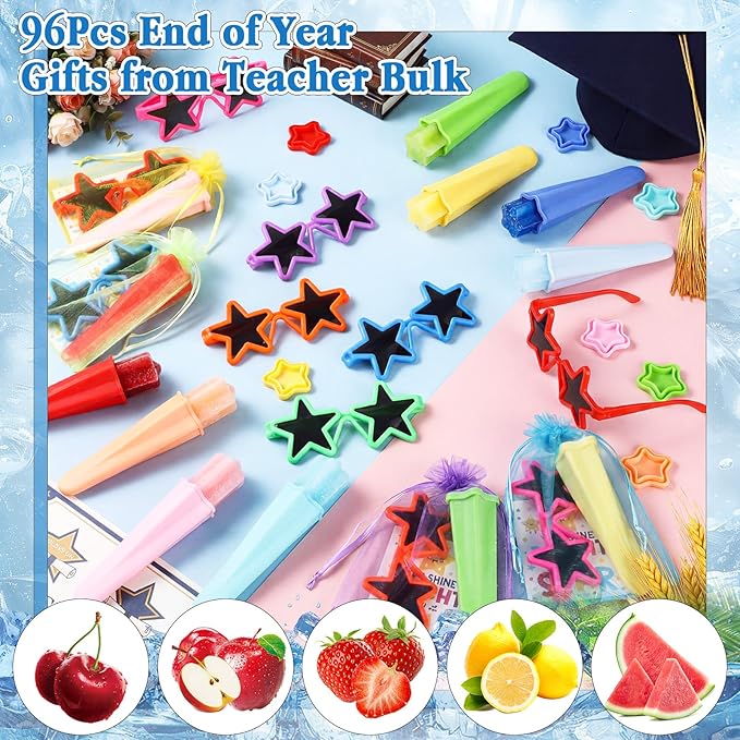 JellyArch 96 Pcs Kids Star Sunglasses Silicone Ice Pop Molds bulk with Inspirational Cards Set Reusable Handheld Ice Pop Yogurt Sticks Summer Party Favor End of the Year Students Gifts from Teacher