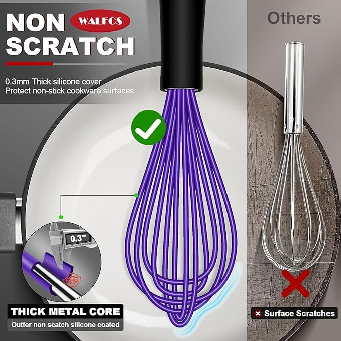 Walfos Silicone Whisks Set, 5pcs Whisk, Non Scratch Coated 7+9+11in Whisks and Mini stainless steel 7+5in Whisk, Suitable for Use in Whisking, Blending, Frothing, Beating & Stirring. (Multicolor)
