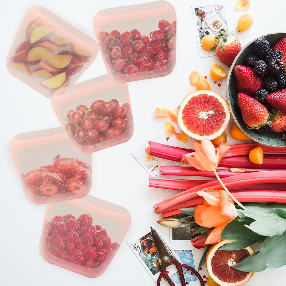 purifyou Set of 5 Reusable Silicone Storage Snack Bags 6oz / 16oz / 32oz / 64oz Self-Seal Food Storage Container for Fruits, Vegetables, Sandwiches, Dishwasher Safe & Leak-free (CloudPink, 6oz)