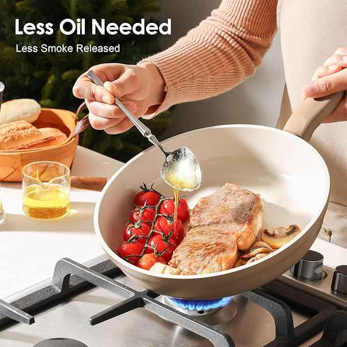 SENSARTE Ceramic Nonstick Pots and Pans Set 17pcs, Healthy Induction Cookware Set, Nontoxic Kitchen Cooking Set with Skillets & Saucepans, Stay-cool Handles, PFAS PTFE PFOA PFOS Free,Taupe