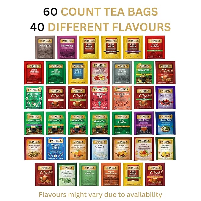 Twinings Tea Bag Sampler Variety with Walnut Wooden Organizer (60 Count) 40 Different Flavours, Gift for Tea Lovers: Women, Men, Mom, Dad, Family, Friends, Couples