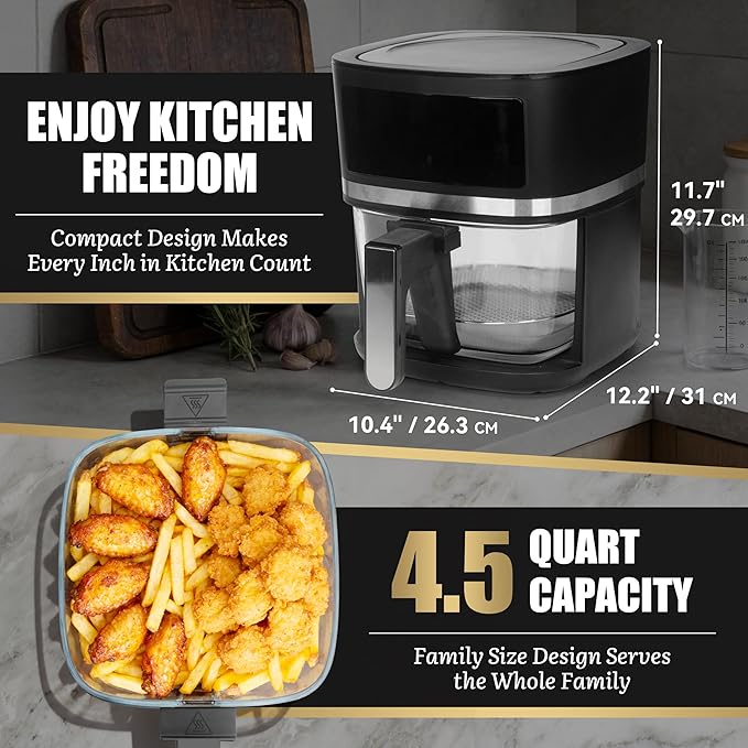 FineMade 12-in-1 Glass Air Fryer Non Toxic,4.5 Quart, Dishwasher-Safe Air fryer Glass Basket, Freidora De Aire De Vidrio, Temperature & Time Programable, PFOA & PFAS Free, Graphite