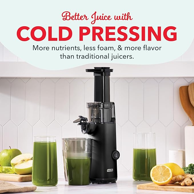 DASH Deluxe Compact Masticating Slow Juicer, Easy to Clean Cold Press Juicer with Brush, Pulp Measuring Cup, Frozen Attachment and Juice Recipe Guide - Black