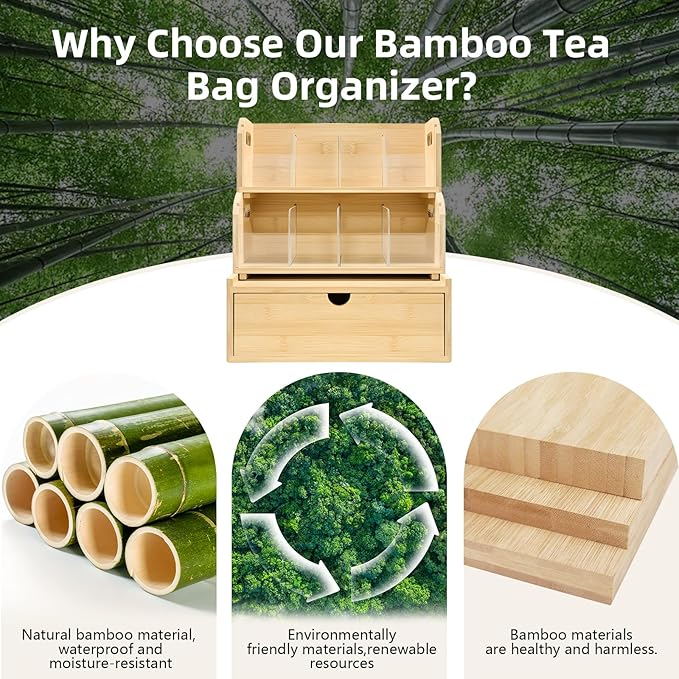 3-Layer Stackable Bamboo Tea Bag Organizer with Drawer, No-Tool Assembly Tea Organizers and Storage Holder for Countertop, Cabinet, Office, Kitchen, Pantry