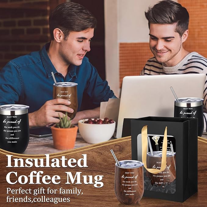 Patelai 30 Pcs Thank You Gift Set for Colleague 12oz Stainless Steel Coffee Mug Wood Grain Cups with Lid and Straw Pens Card Bags Set for Coworker Fathers Day Husband Male Friends Staff