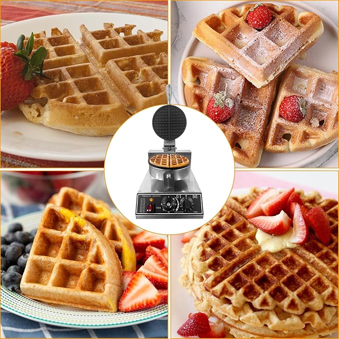 Commercial Waffle Maker, 1200W Stainless Steel Nonstick Round Waffle Iron with 122℉ to 572℉ Temp Range & Time Control, for Household Bakeries Snack Bar
