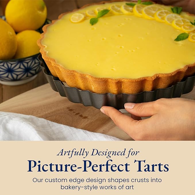 Patz&Patz All-in-One Fluted Tart Pan 9 Inch Removable Bottom Set with Patented Silicone Crust Shaper & Pie Weight | Nonstick Carbon Steel Quiche Baking Dish & Tart Molds for Baking - PFOA & PTFE-Free