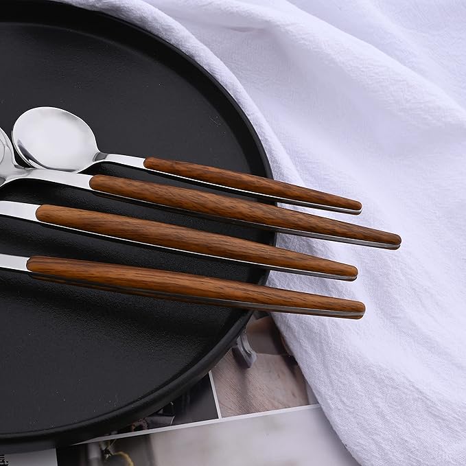 6-Piece Dinner Spoons Set, Food Grade Stainless Steel Spoons for Home Hotel Restaurant, Silver Mirror Polished, Faux Wooden Clip Handle Design, 8.0inch Durable Spoons Set, Dishwasher Safe