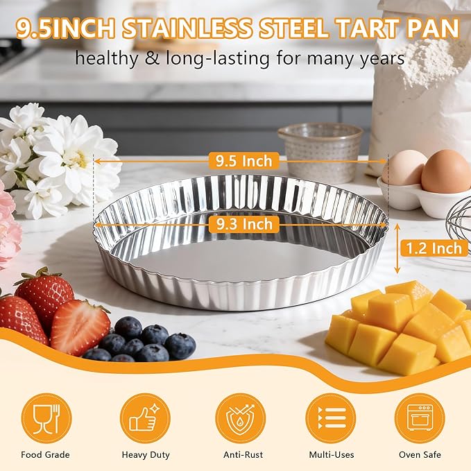 TeamFar 2 Pack Tart Pans, 9.5 Inch Stainless Steel Round Tart Pie Pan, Metal Quiche Baking Dish with Fluted Side for Baking Fruit Tarts, Quiches, Pies, Mousse Cakes, Heavy Duty & Dishwasher Safe