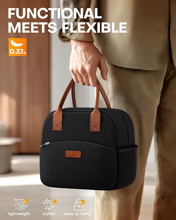HOTOR Lunch Bag for Women & Men - Wear-Resistant Insulated Lunch Box with Large Capacity, Multi-Functional Cooler Bag for Office, Picnic, Black, 10L,10.60" x 5.90" x 9.50"