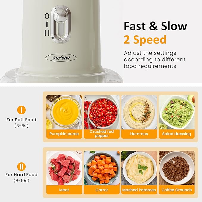Sunvivi 4-in-1 Electric Food Chopper & Small Food Processor, Meat Grinder, Garlic Peeler & Juicer, 2-Speed Mini Food Processor with 1.5L Glass Bowl and 2 Cups (0.4L+0.2L), Beige