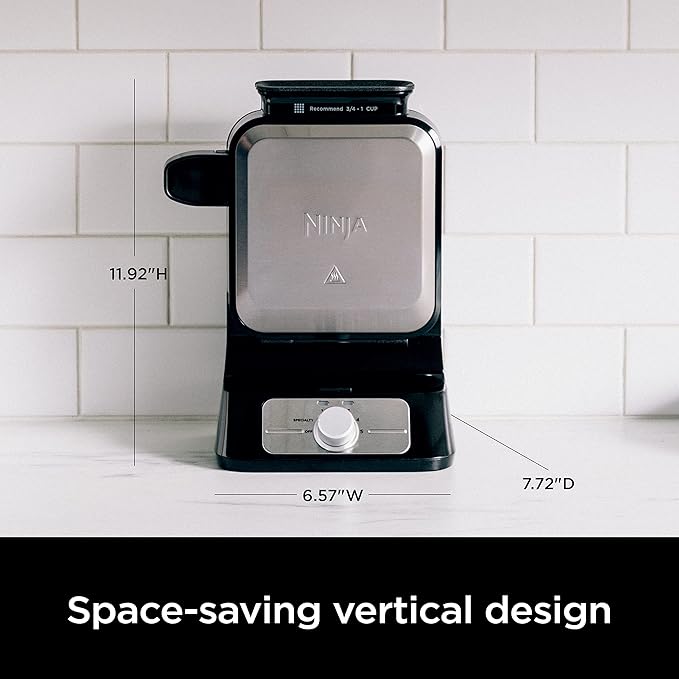 Ninja Belgian Waffle Maker Pro | Vertical Design | 5 Shade Settings with Precision-Pour Cup & Chef-curated Recipe Guide | Black & Silver | BW1001