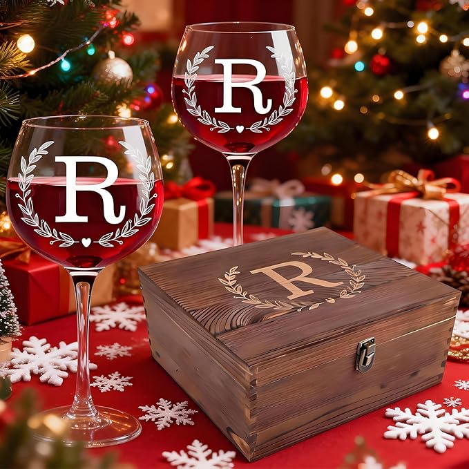 GZLDGIFTS Personalized Initial Wine Glasses Box Gift Set For Women Mom Engraved Birthday Monogrammed Wooden Christmas Gifts Wedding Anniversary Wine Couples Stopper Opener Initial Letterr (R Set)