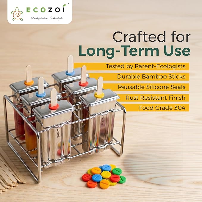 Ecozoi Stainless Steel Popsicle Molds and Rack - 6 Square Ice Pop Makers + 30 Reusable Bamboo Sticks + 12 Silicone Seals + 1 Cleaning Brush +1 Rack