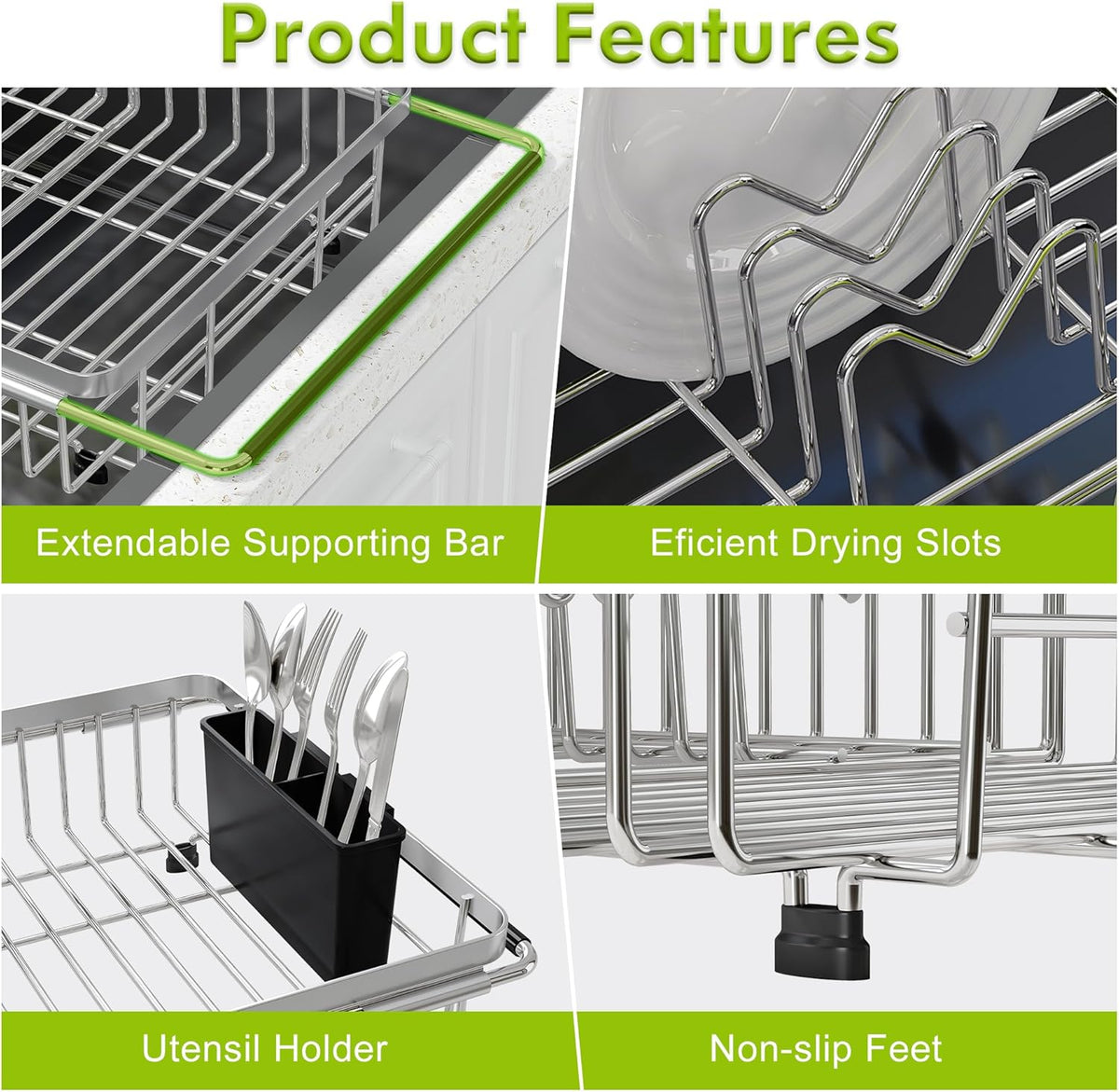 JASIWAY Dish Drying Rack in Sink, Expandable Stainless Steel Dish Drainer for Kitchen Sink, Dish Strainer Rack, Retractable Over Sink Dish Rack with Utensil Holder, 13.1''~16.6''D x 11.8''W, Silver
