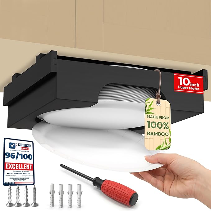 10 inch Paper Plate Dispenser Holder Bamboo Under Cabinet Vertical Rack for Kitchen Countertop Organizer Space Saver Shelf Lid Holder Counter Storage Can Dispenser Pantry Aid Caddy Estante (Black)