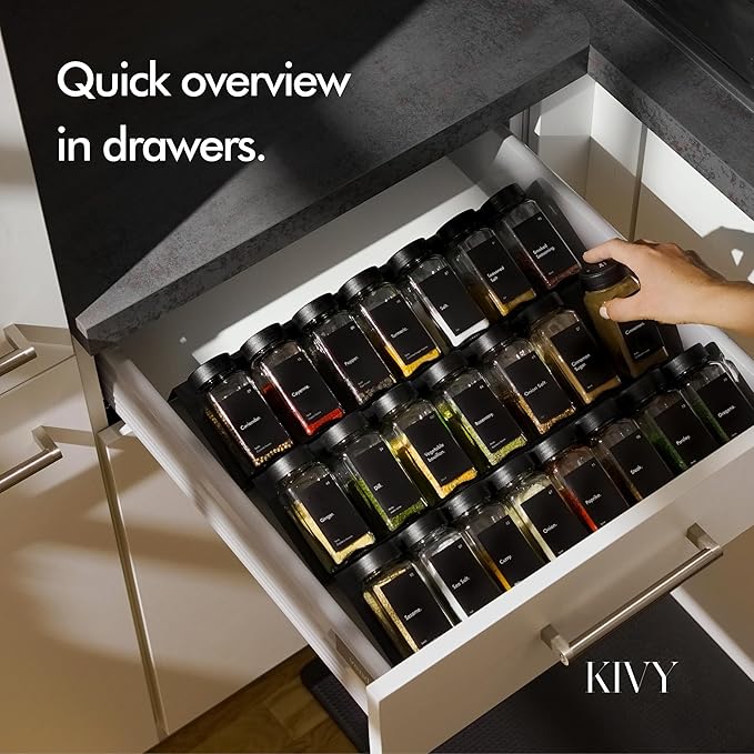 KIVY Glass Spice jars with Label & Shaker Lids [24x 4oz] Airtight Seasoning Containers for Cabinet & Drawer - Empty Spice Bottles - Spice containers with labels - Black spice jars with black lids