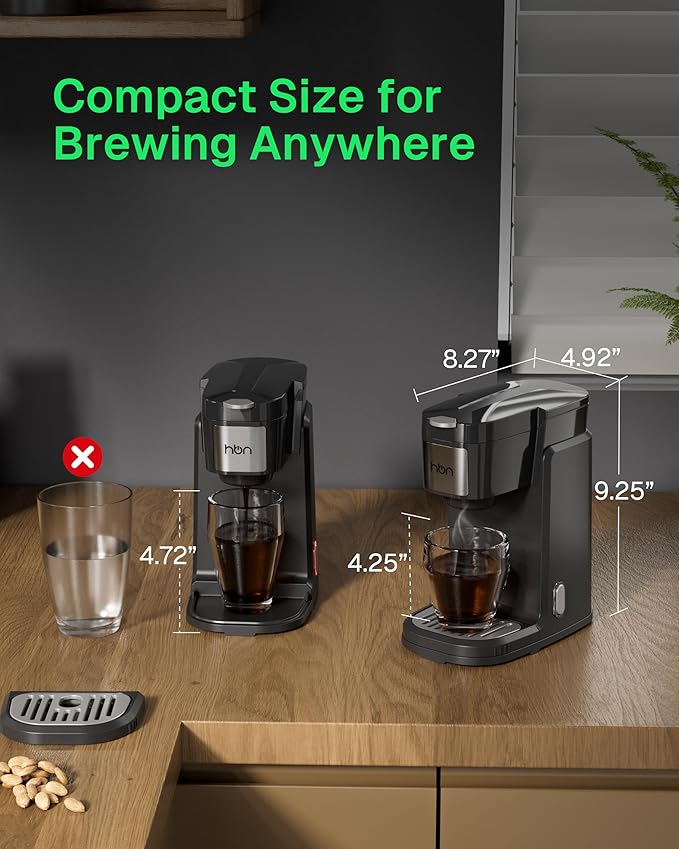 HBN Single Serve Coffee Maker for K-Cup & Ground Coffee, Fast Brew One Cup Coffee & Tea Machine with 10oz Stainless Steel Tank, Compact Design Capsule Coffee Machine, Black