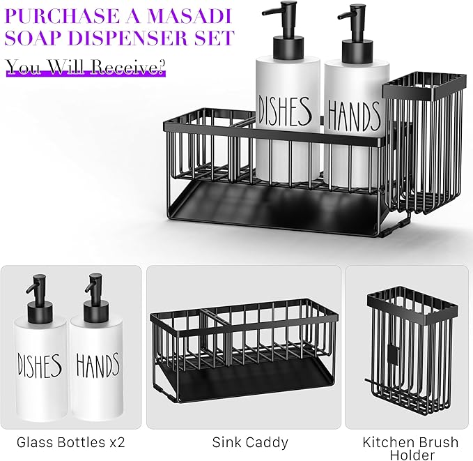 MASADI Kitchen Dish Soap Dispenser Set with Sponge Holder, 12OZ Glass Bottle, Hand and Dish Soap Dispenser Set, Non-Slip Silicone Pad, Brush Holder, Kitchen Sink Organizer Countertop (Black+White)