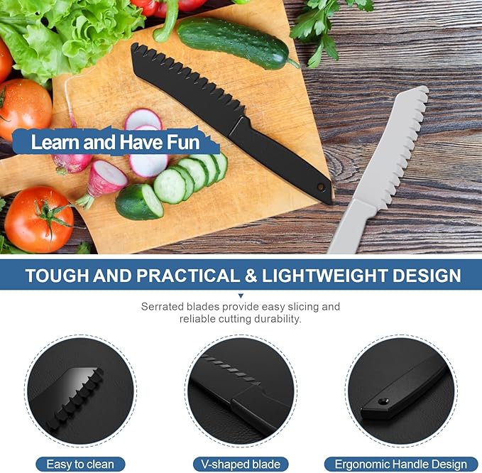 2 pcs Plastic Knife for Nonstick Pans lettuce knife with serrated Blade Plastic Knife Set for Cutting Fruits, Veggies and Bread, Black and Grey
