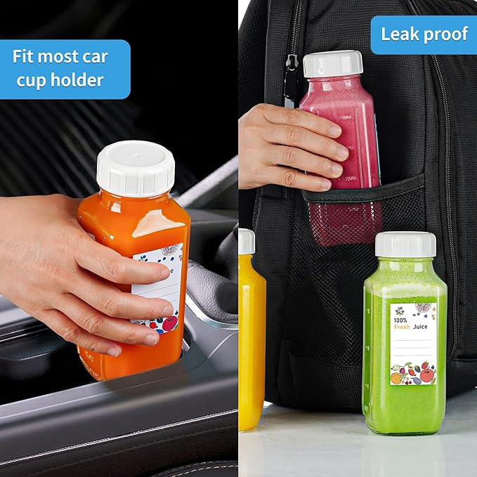 8 Pack 16 Oz Reusable Glass Milk Bottles w 100% Airtight Heavy Duty SCREW Lid & 2 Pour Spouts - Glass Juice Bottles w Capacity Mark - Beverage Drinking Jar Juice Container Breast Milk(Extra 2 Lids)