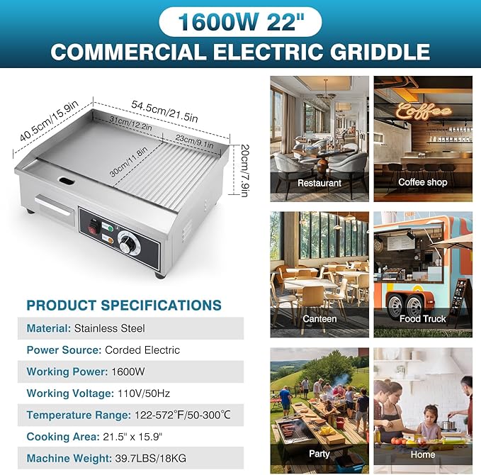 IRONWALLS Electric Griddle Nonstick 22 Inch, Stainless Steel Commercial Griddle for Indoor & Outdoor, 2-IN-1 Half Flat Top Griddle Grill for Restaurant & Home, 122℉-572℉ Adjustable Temperature