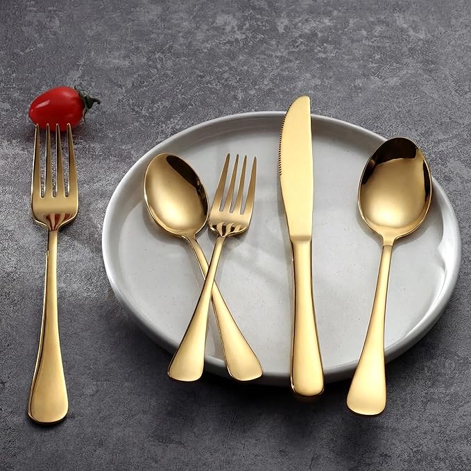Gold Silverware Set, LIANYU 20 Piece Stainless Steel Flatware Cutlery Set for 4, Gold Mirror Finish, Ideal for Home Wedding Festival Party, Dishwasher Safe