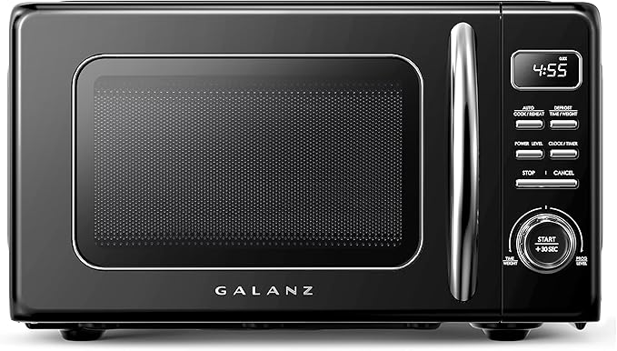 Galanz GLCMKZ09BKR09 Retro Countertop Microwave Oven with Auto Cook & Reheat, Defrost, Quick Start Functions, Easy Clean with Glass Turntable, Pull Handle, 0.9 cu ft, Black