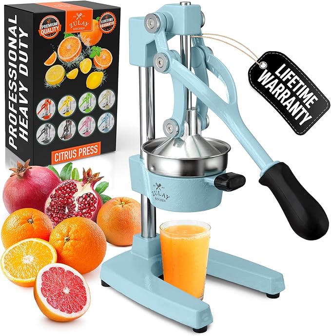Zulay Kitchen Cast-Iron Orange Juice Squeezer - Heavy-Duty, Easy-to-Clean, Professional Citrus Juicer - Durable Stainless Steel Lemon Squeezer - Sturdy Manual Citrus Press & Orange Squeezer (Blue)