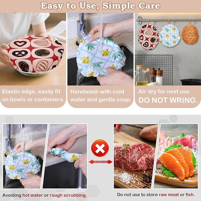 5-Size Reusable Beeswax Bowl Covers for Bread Proofing, Cotton Cloth Flexible Beeswax Wraps for Food Storage(Toast Cat)