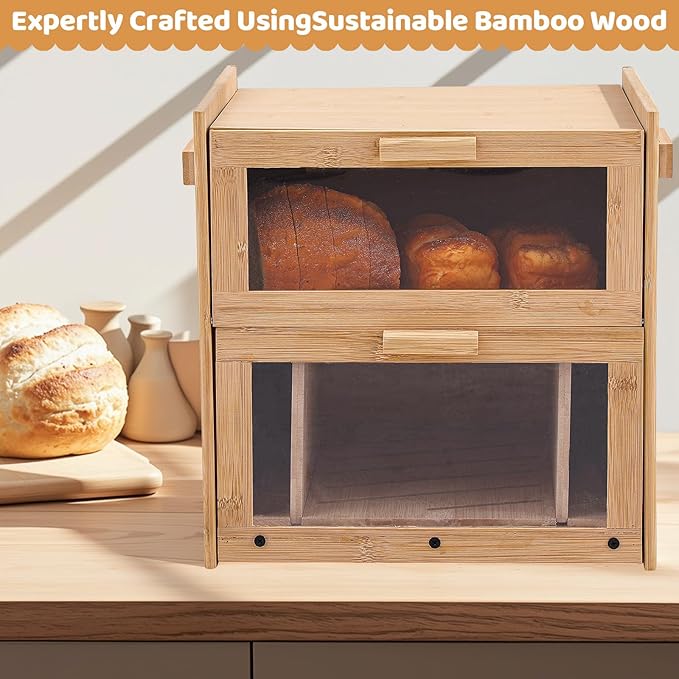 Colingmill Double Layer Bread Box for Kitchen Countertop, Bamboo Breadbox with Slicer, Baguette Storage for Homemade Bread, Breadbox with Cutting Board/Window, Gifts for Home Bakers