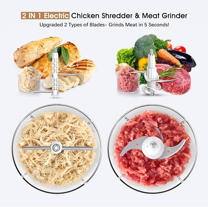 2-in-1 Electric Chicken Shredder & Food Chopper with 250W Copper Motor, 1.5L Bowl & Bi-Level Blades, 3 Second Chicken Breast Shredder Tool for Nuts, Meat, Onion, Garlic, Baby Food