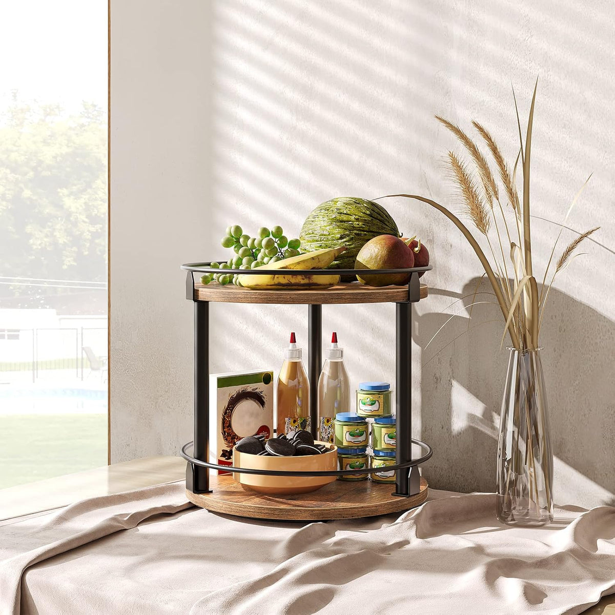 Lazy Susan Organizer, Rotating Spice Rack, 2 Tier Spice Turntable Organizer, Industrial Turntable Spice Holder, for Kitchen Countertop and Cabinet, Compact and Versatile, Rustic Brown SR22BR