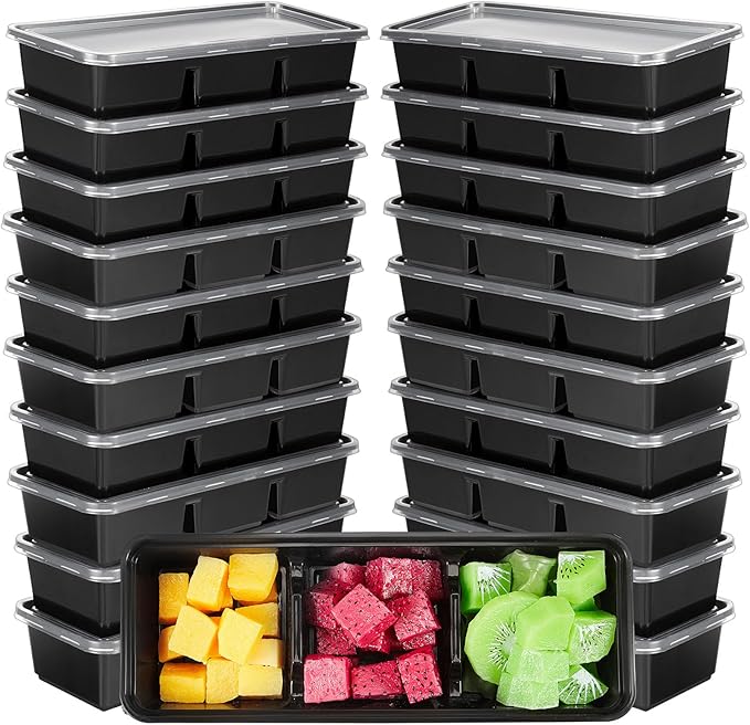 Hushee 100 Pack 17 oz Small Meal Prep Containers with 3 Compartments Snack Containers with Lid Disposable Plastic Bento Box Travel Lunch Food Boxes Stackable for Office Picnic (Black)