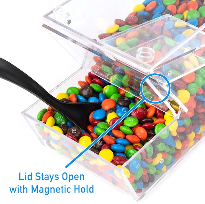 IneVibe Candy Bin Topping Dispenser - Acrylic Bulk Sprinkle Container w/Scoop, Stackable & Magnetic for Multiple Holders on Shelf - Commercial Setting for Cereal, Nuts, Candies & Snack Food Storage