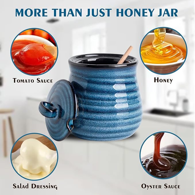 HASENSE Ceramic Honey Pot with Lid, 12 Ounce HoneyJar with Wooden Dipper, Honey Dipper Stick and Jar Set, Cute Small Container for Christmas Thanksgiving Gift, Dishwasher Safe, Blue