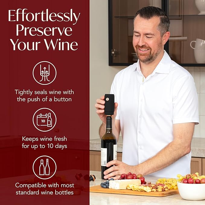 Electric Wine Opener Battery Operated and Electric Wine Preserver with Stoppers Gift Bundle Set (Black & Rose Gold)