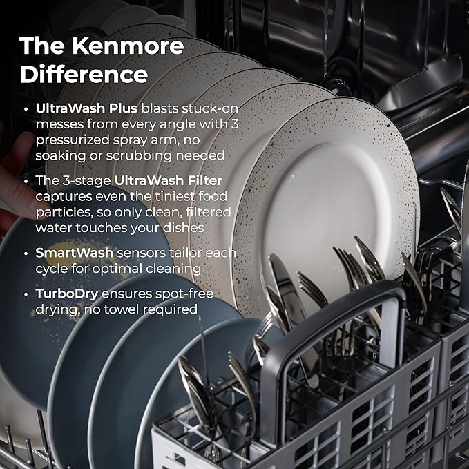 Kenmore 22-14639 24" Built-In Dishwasher - UltraWash Plus, SmartWash, Accela Wash, Sanitize Rinse, TurboDry, and Removable Third Rack - 15 Place Settings - 49 DBA - ENERGY STAR Certified - 24" - Black