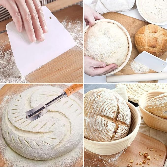 Dimpola Banneton Bread Proofing Basket Banneton Basket Set Sourdough Proofing Basket Round Proofing Bowls Handmade Rattan Baskets and Liners (2 Round 9 inch Baking Set)