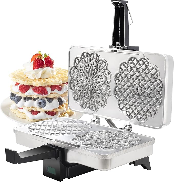 Pizzelle Maker- Polished Electric Baker Press Makes Two 5-Inch Cookies at Once, Even Heating Plates- Must Have Party Baking Supplies - Italian Dessert Treat Making w Recipe - Mothers Day Gift for Her