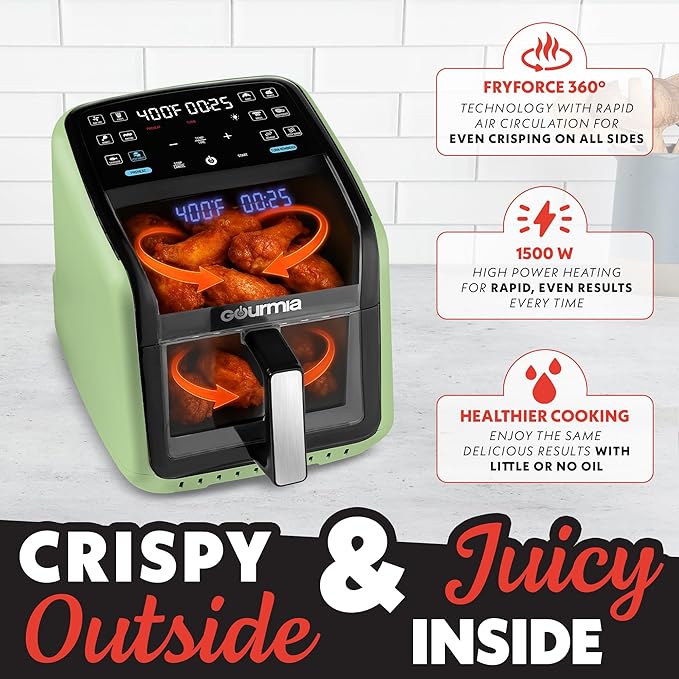 Gourmia Air Fryer 7 QT - Easy View Panorama Window & Interior Light, Guided Cooking with 12 One-Touch Presets, FryForce 360, Dishwasher Safe Accessories, Green