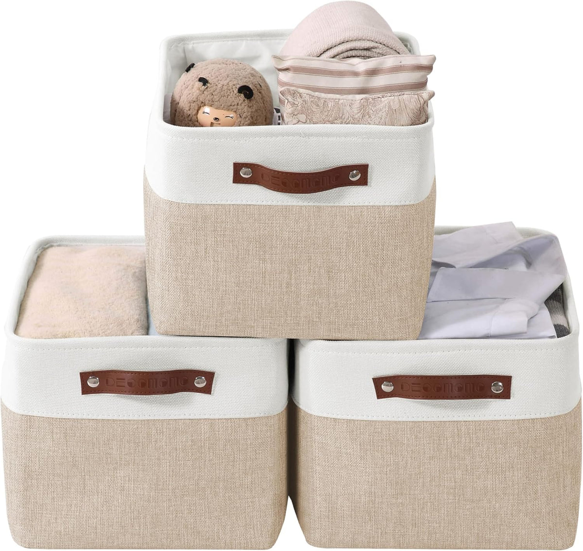 DECOMOMO Storage Baskets for Shelves - Fabric Storage Bins, Linen Closet Organizers and Storage (Beige & White, XL - 3 Pack)