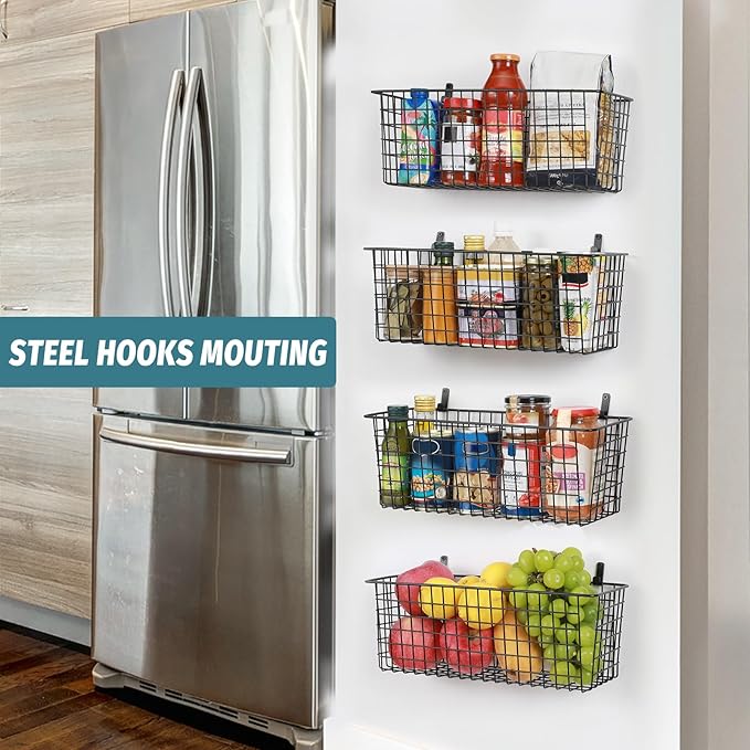 4 Set [EXTRA LARGE] Hanging Wall Mount Storage Baskets with Adhesive Hooks & Steel Hooks, Multiuse Sturdy Wire Metal Organizing Baskets for Home Kitchen Bathroom Pantry Utility Organizer, Black